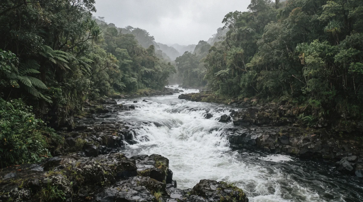 The Wailuku River running full and fast after overnight rain, the best time to visit Hilo waterfalls in the wet season