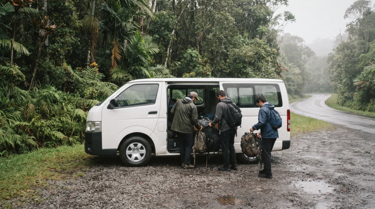 Travelers boarding a small tour van near Hilo in the early morning, part of what Hilo waterfall tours cost per person