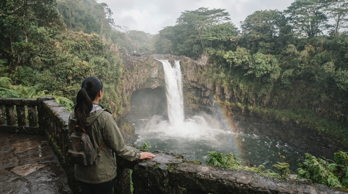A lone visitor at the Rainbow Falls lookout in Hilo, seeing Hilo's waterfalls without a tour