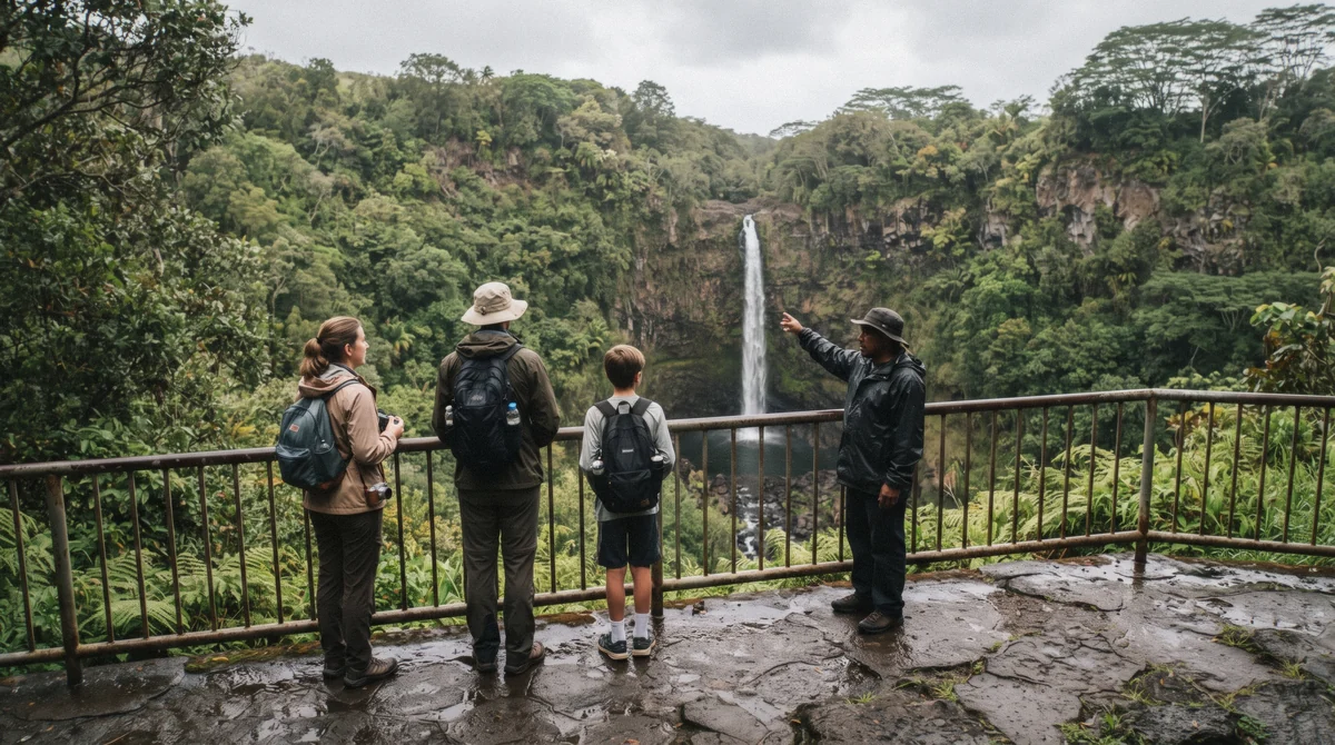 A guide pointing out an 80-foot waterfall to first-time visitors at a Hilo Hawaii waterfalls lookout