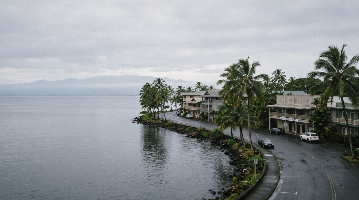 Hilo Bay waterfront hotels along Banyan Drive on an overcast morning, a base for visiting Hilo Hawaii waterfalls