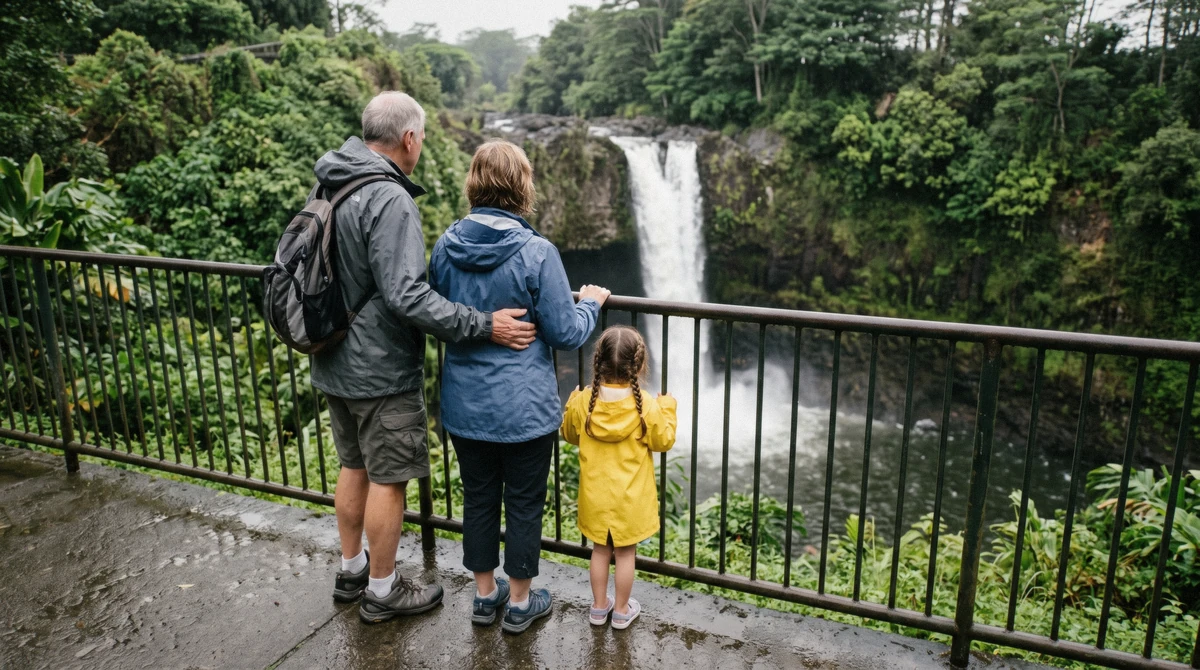 A family viewed from behind at a railed lookout above a Hilo waterfall, a family day out visiting Hilo waterfalls with kids