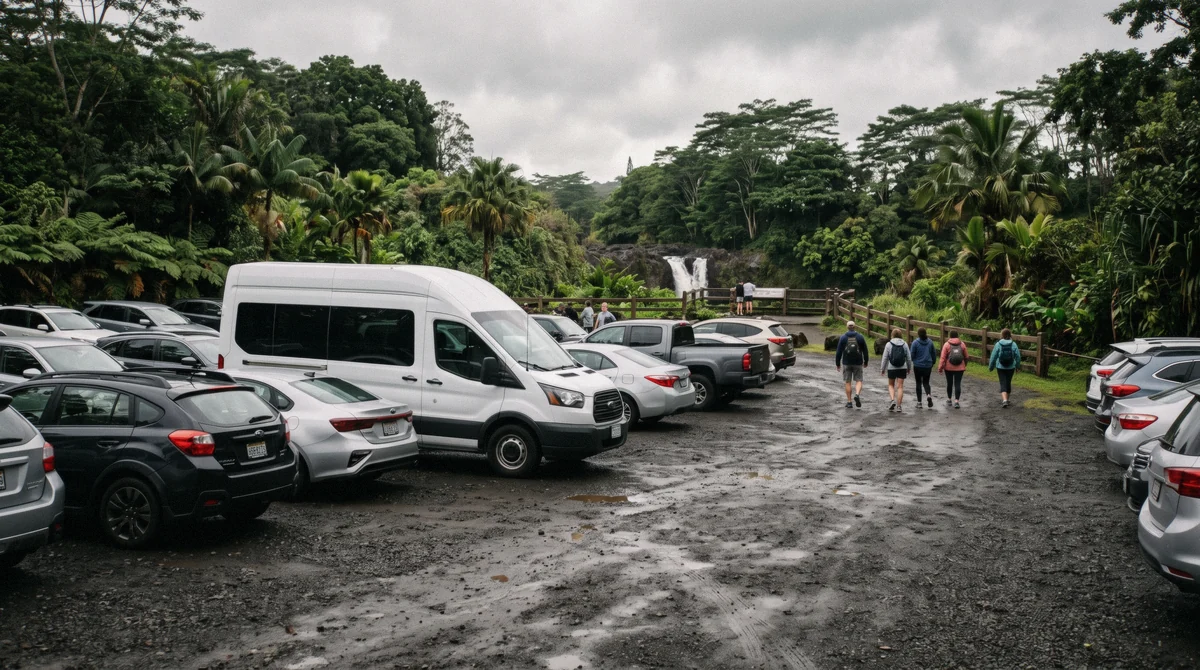A crowded Rainbow Falls parking lot with a tour van pulling in, illustrating a common Hilo waterfall mistake of arriving at the wrong hour