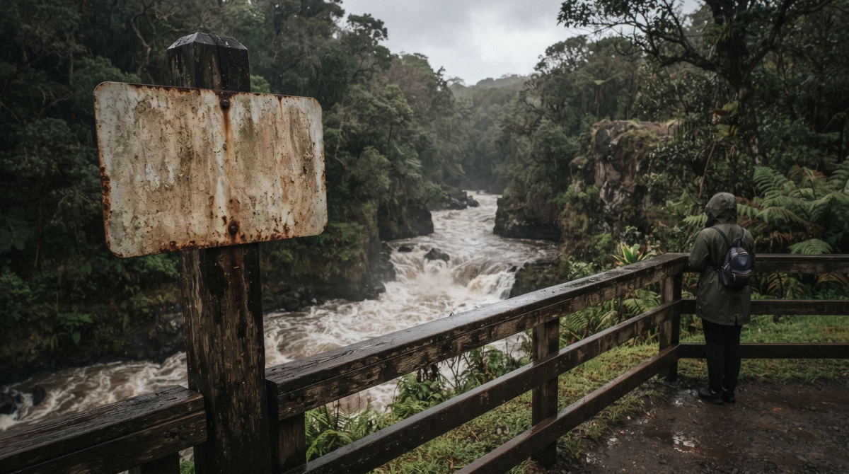 A weathered warning sign and metal railing above the churning Wailuku River, marking where swimming is prohibited near Hilo's waterfalls