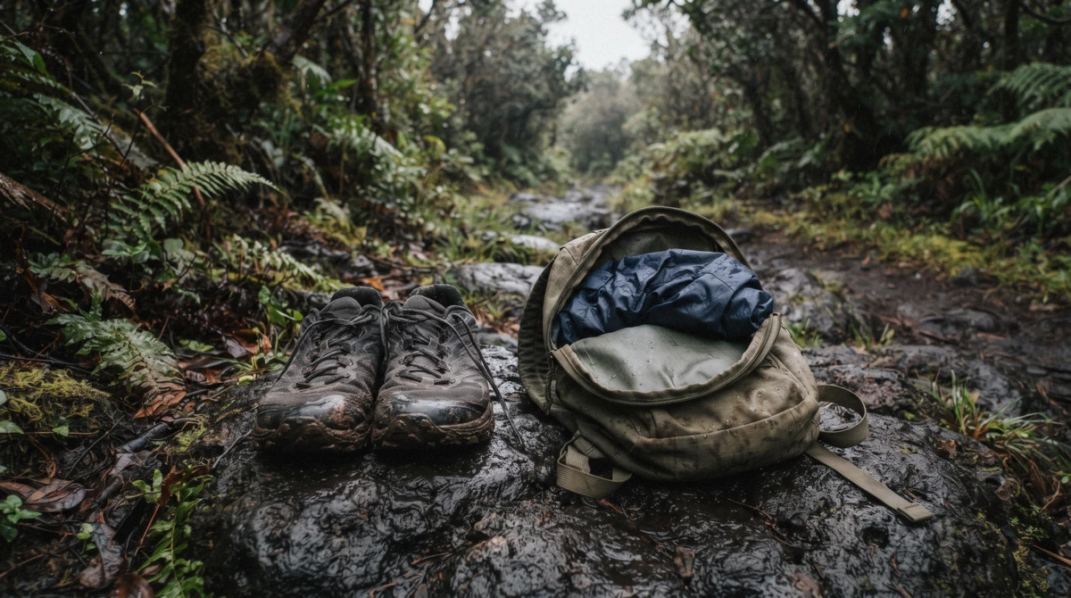 Trail shoes, a daypack and a rain shell laid on wet lava rock, what to wear for Hilo waterfalls before a hike