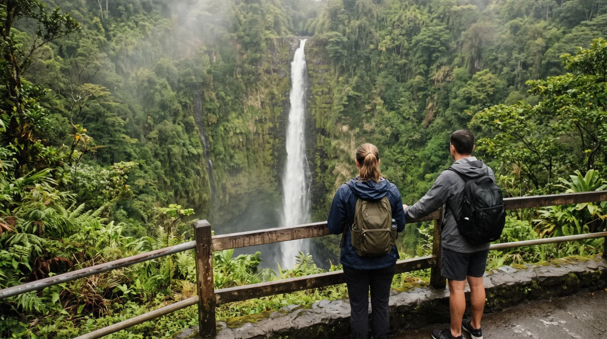 Two travelers at the Akaka Falls overlook in Hilo, weighing whether Hilo waterfall tours are worth it