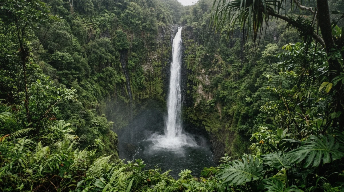 Looking down into the fern-draped gorge at the base of the 442-foot Akaka Falls near Hilo, Hawaii, with mist rising