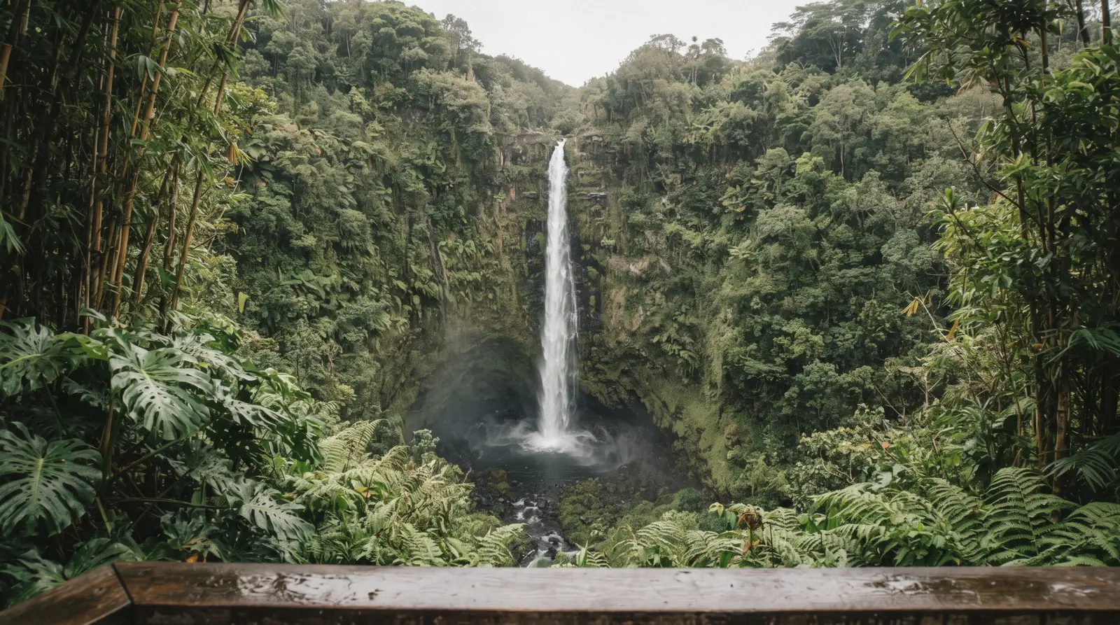 The 442-foot Akaka Falls dropping in a single white ribbon into a fern-draped rainforest gorge near Hilo, Hawaii