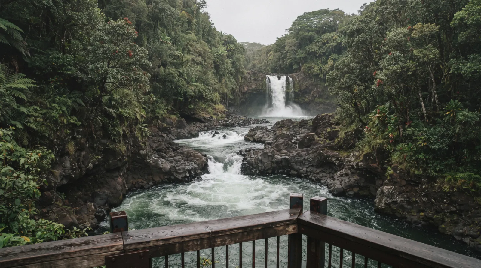 The Boiling Pots, a staircase of churning basalt pools on the Wailuku River in Hilo, Hawaii, with Pe'epe'e Falls upstream