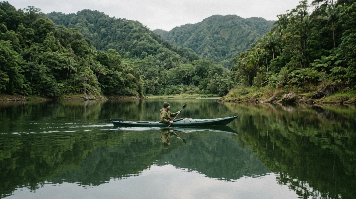 A single kayak on the calm green reservoir above Kulaniapia Falls near Hilo, Hawaii, with forested hills reflected in the water