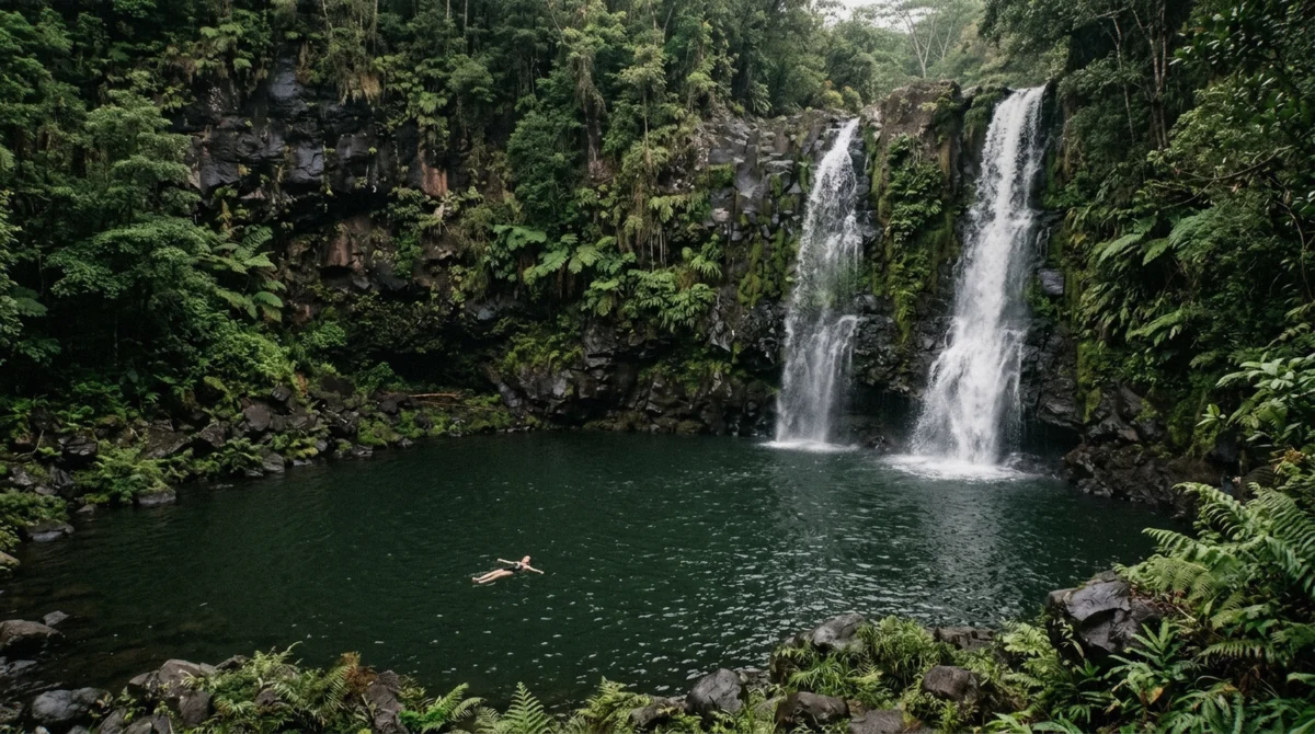 A swimmer in the deep green pool beneath the twin Kulaniapia Falls near Hilo, Hawaii, ringed by dark rock and ferns