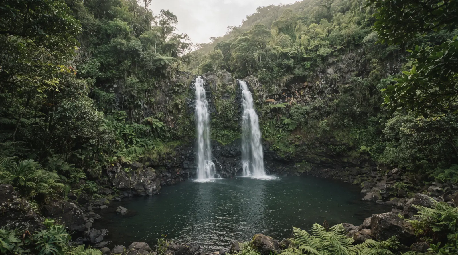 Twin waterfalls dropping into a deep green swimming pool at the private Kulaniapia Falls in the hills above Hilo, Hawaii