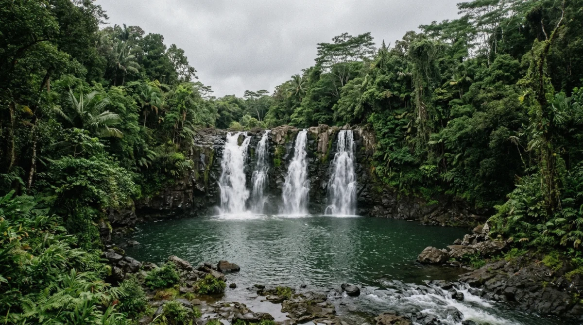Pe'epe'e Falls on the Wailuku River near Hilo, Hawaii, a broad waterfall splitting into white fingers over dark basalt