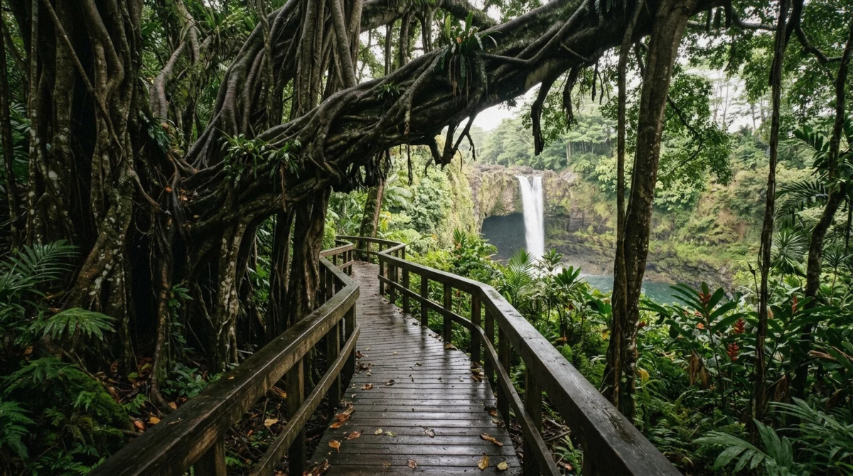 The upper viewpoint boardwalk at Rainbow Falls in Hilo beneath the aerial roots of a giant banyan tree