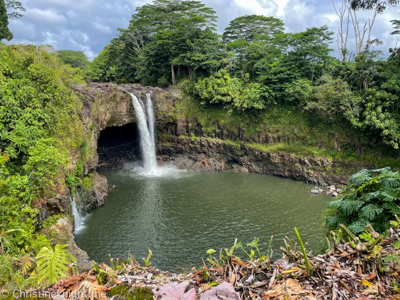 The twin-flow curtain of Rainbow Falls seen from the main overlook on an overcast morning, the top hilo waterfall photo spot near downtown Hilo