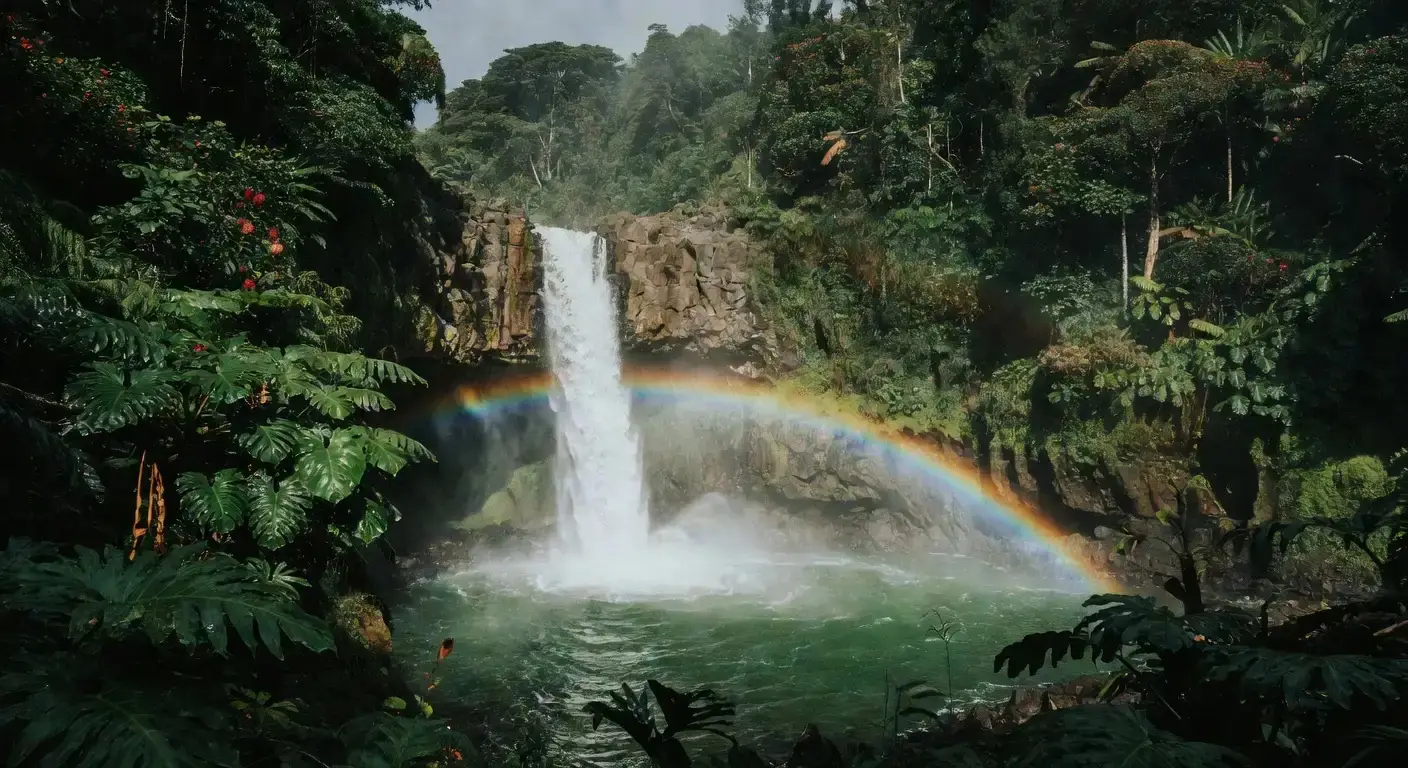 Aerial view of a lush green waterfall valley on the hilo hawaii waterfalls trail near the Hamakua Coast